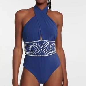 Johanna Ortiz Sunken Glory Halter One Piece Swimsuit Size M Midnight Blue